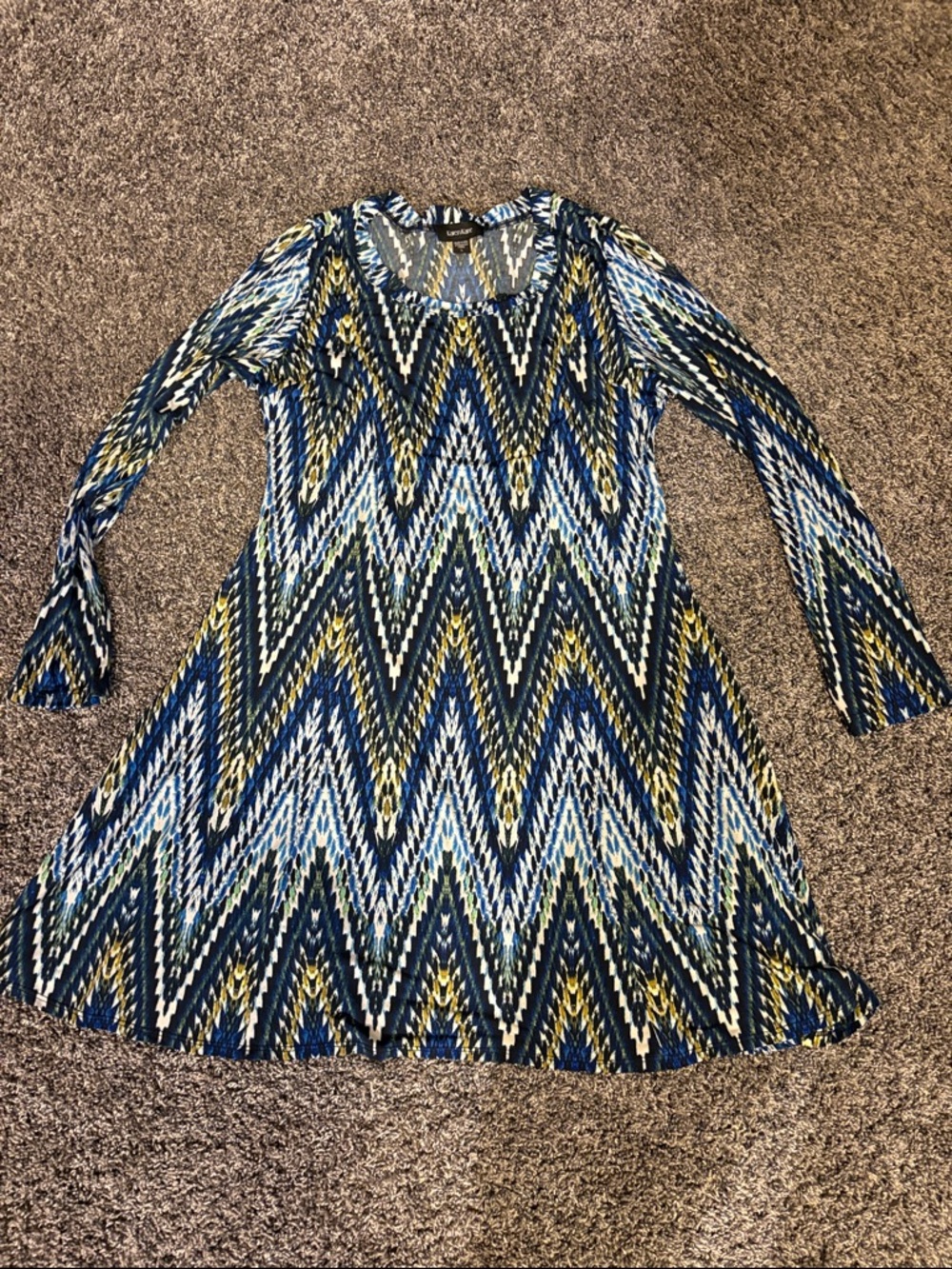 Karen Kane Chevron Zigzag A-Line Dress in Navy, Teal & Mustard Size Large